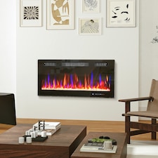 HOMCOM 91cm/36" Electric Fireplace, Ultra-Slim Wall Mounted and Recessed Electric Fire Heater with Adjustable Flame and Thermostat, Eco Mode, Auto Switch, Weekly and 24H Timer, Remote, 900W/1800W