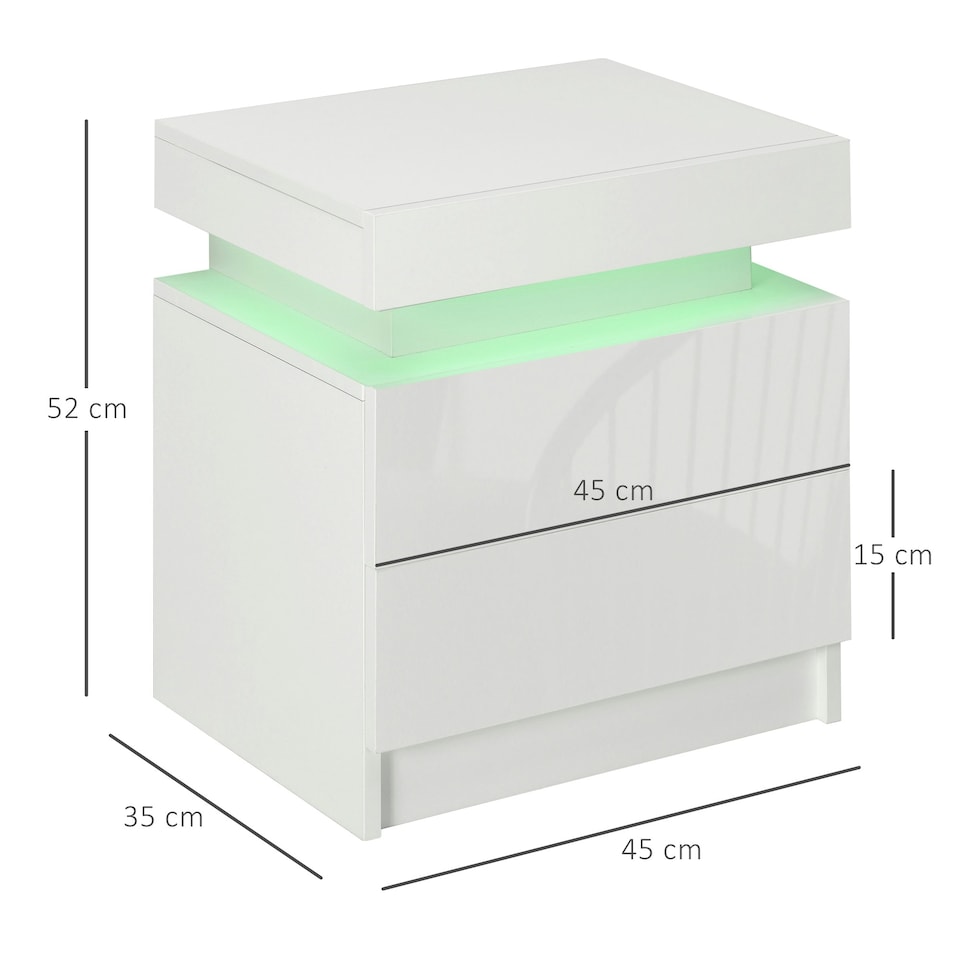 image 1 of HOMCOM High Gloss Bedside Table with LED Light and 2 Drawers, White