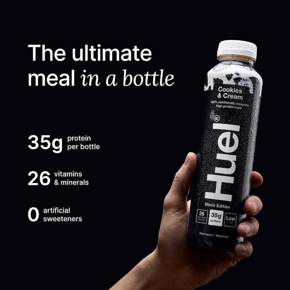 image 1 of Huel Ready-to-Drink Meal, BLACK EDITION Cookies & Cream Protein Drink, 500ml Bottles (Pack of 8) - Protein Shakes, Pre-Portioned Meal, 35g of Protein per Bottle