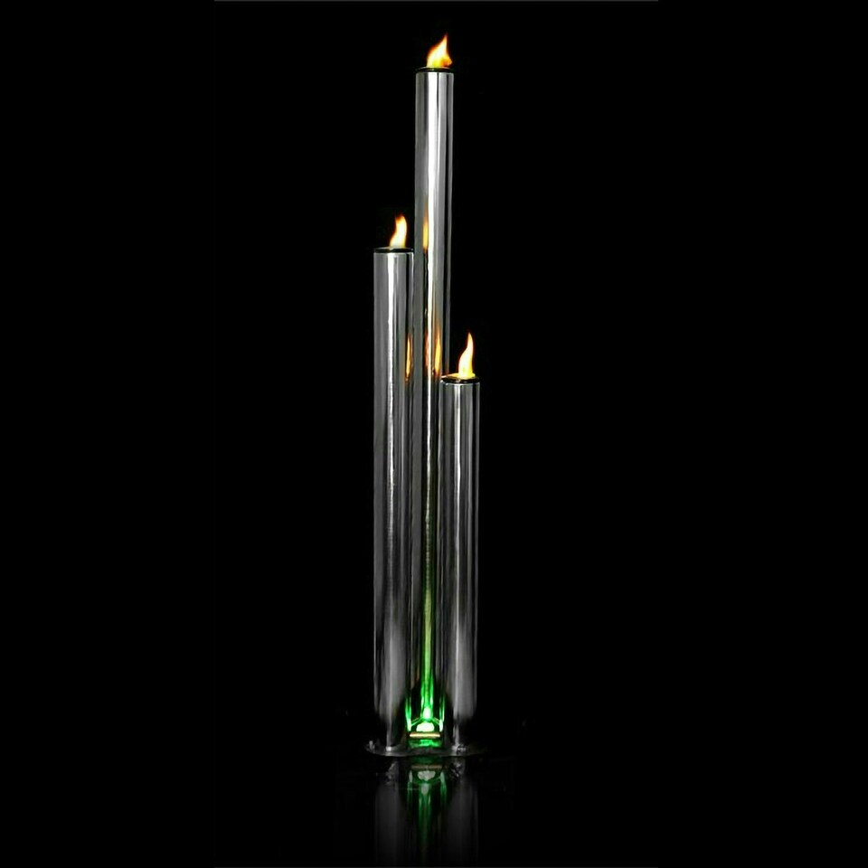 image 1 of Primrose Kohala 3 Stainless Steel Tubes Fire Water Feature with LEDs 135cm