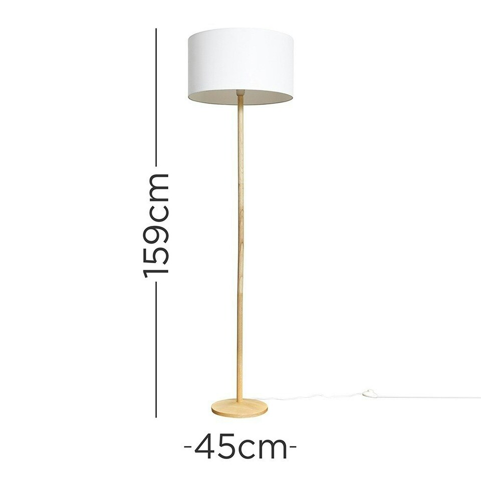 image 1 of ValueLights Single Stem Natural Light Wood Floor Lamp With White Drum Shade White