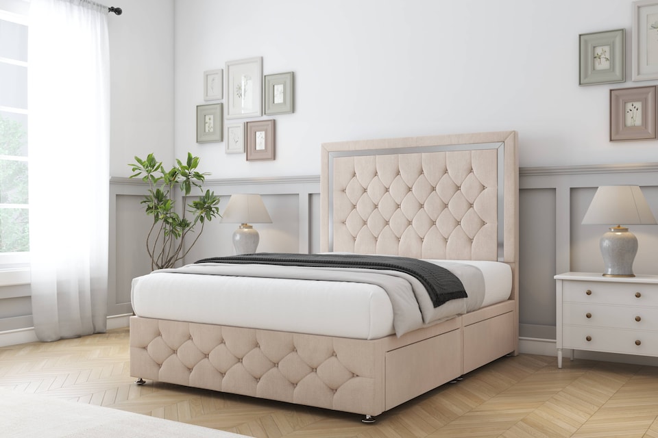 image 1 of Sloomy Sofia Chrome Sand Naples Divan Bed With Mattress 2 Drawers Right Side With 54" Floor Standing Headboard & 12" Matching Footboard 5' King | Cream | Sand | King | 1