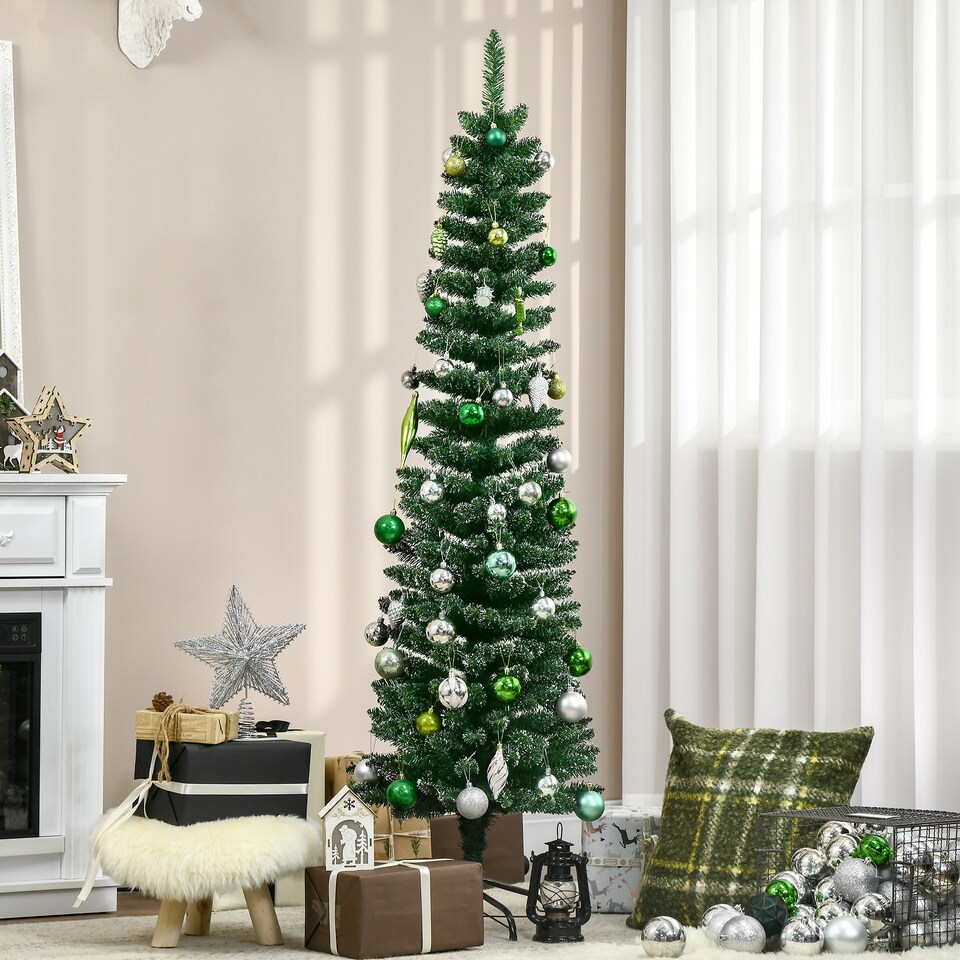 image 1 of HOMCOM 5.5FT Artificial Snow Dipped Christmas Tree mas Pencil Tree Holiday Home Indoor Decoration with Foldable Black Stand, Green