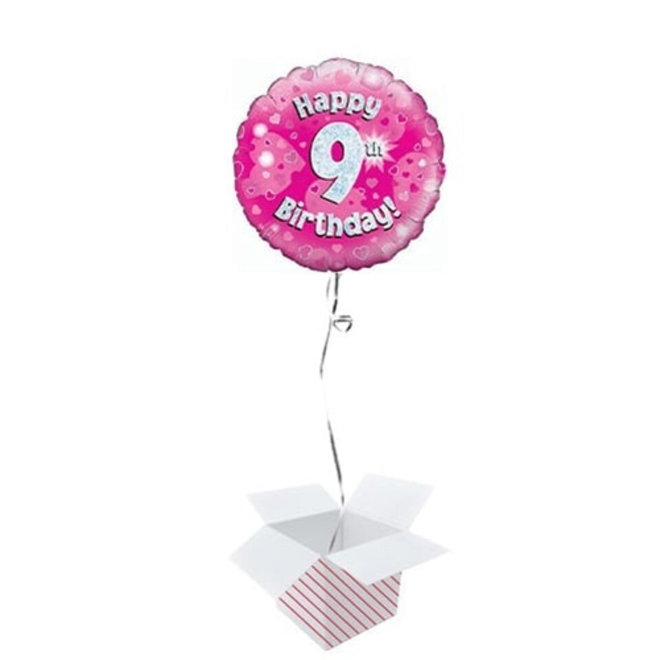 Pink Happy 9th Birthday Holographic Round Foil Helium Balloon - Inflated Balloon in a Box