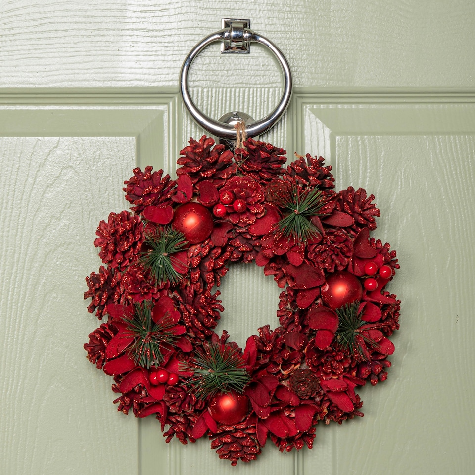 image 1 of 30cm Ruby Pine Hanging Christmas Wreath with Red Pinecones and Berries