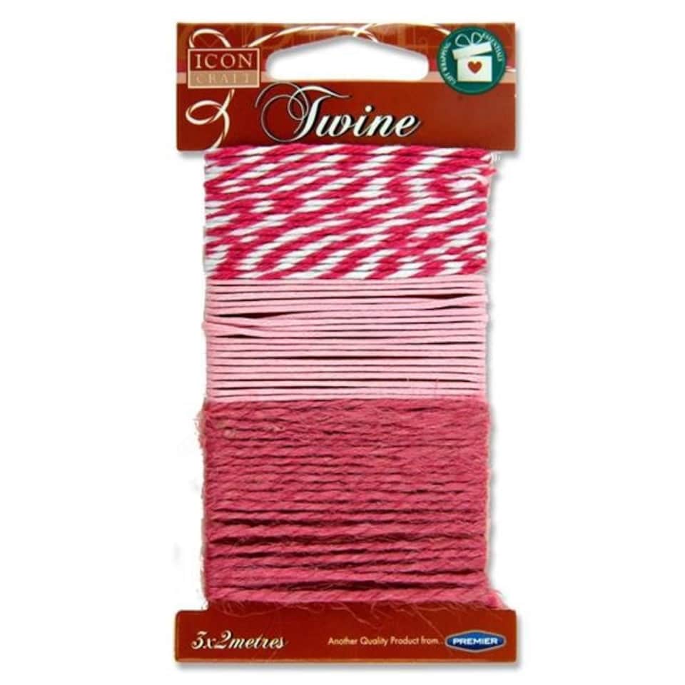 Pack of 3 Assorted 2m Love Pink Twine Thread by Icon Craft