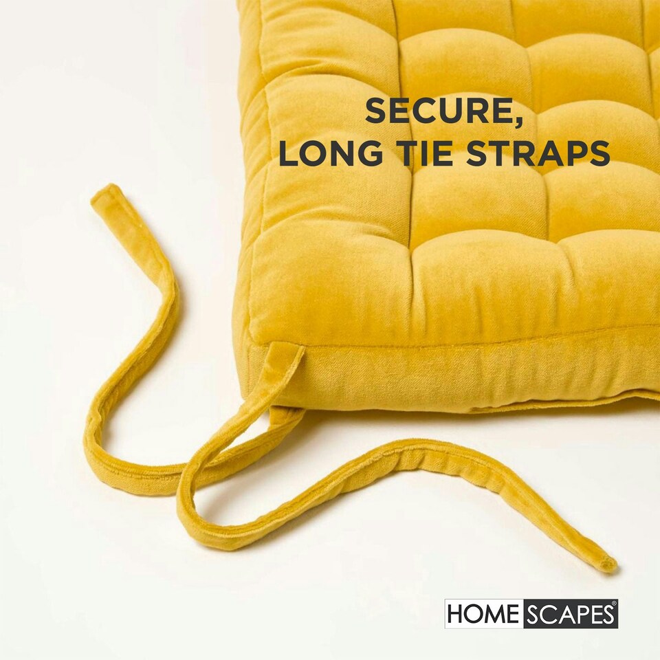 image 1 of Homescapes Set of 4 Seat Pads Luxury 100% Cotton Velvet Indoor Outdoor Garden Dining Cushion Yellow | 40 x 40 cm