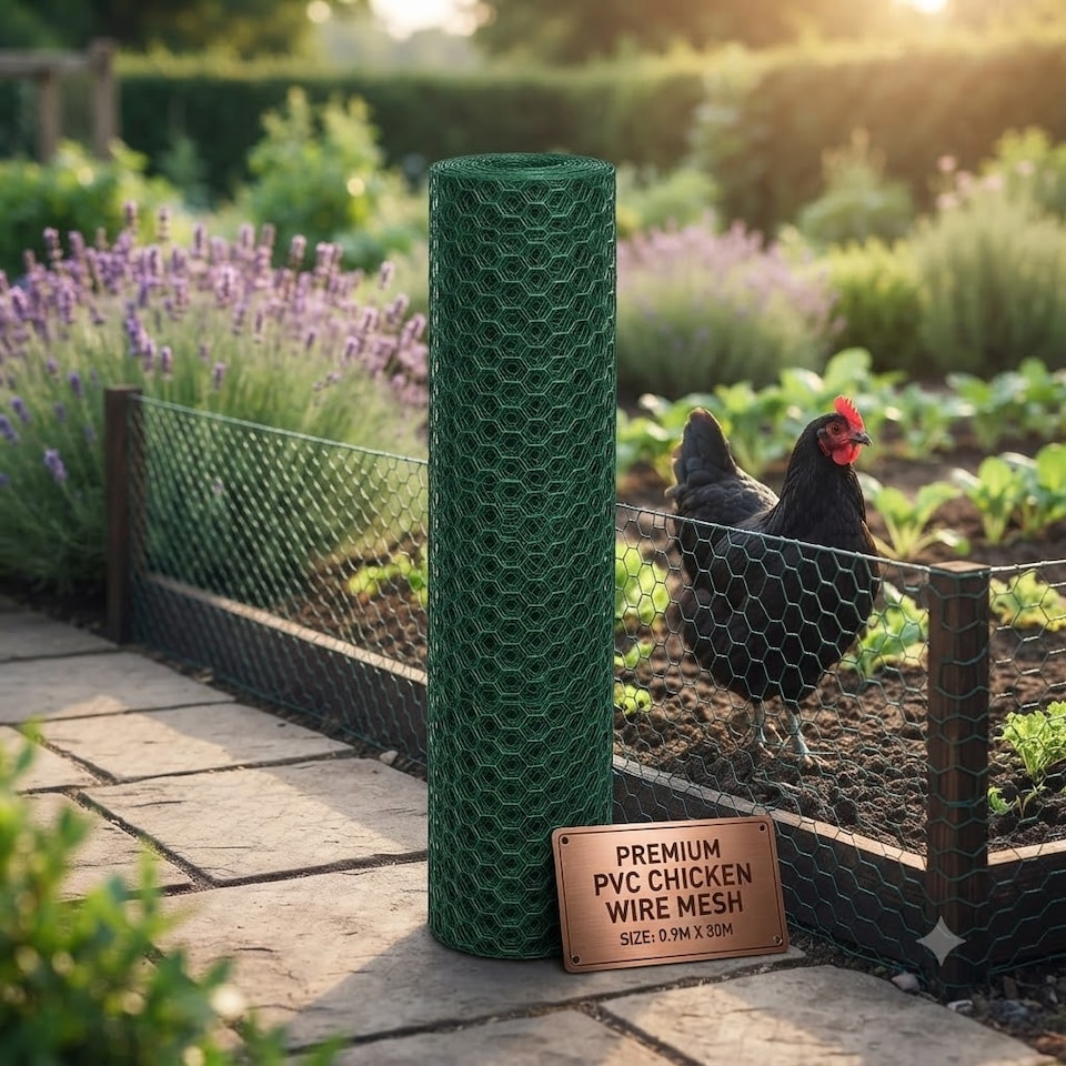 image 1 of Green PVC Coated Chicken Wire Mesh 1” x 1” Fencing Garden Barrier Metal Fence - 0.9M x 30M