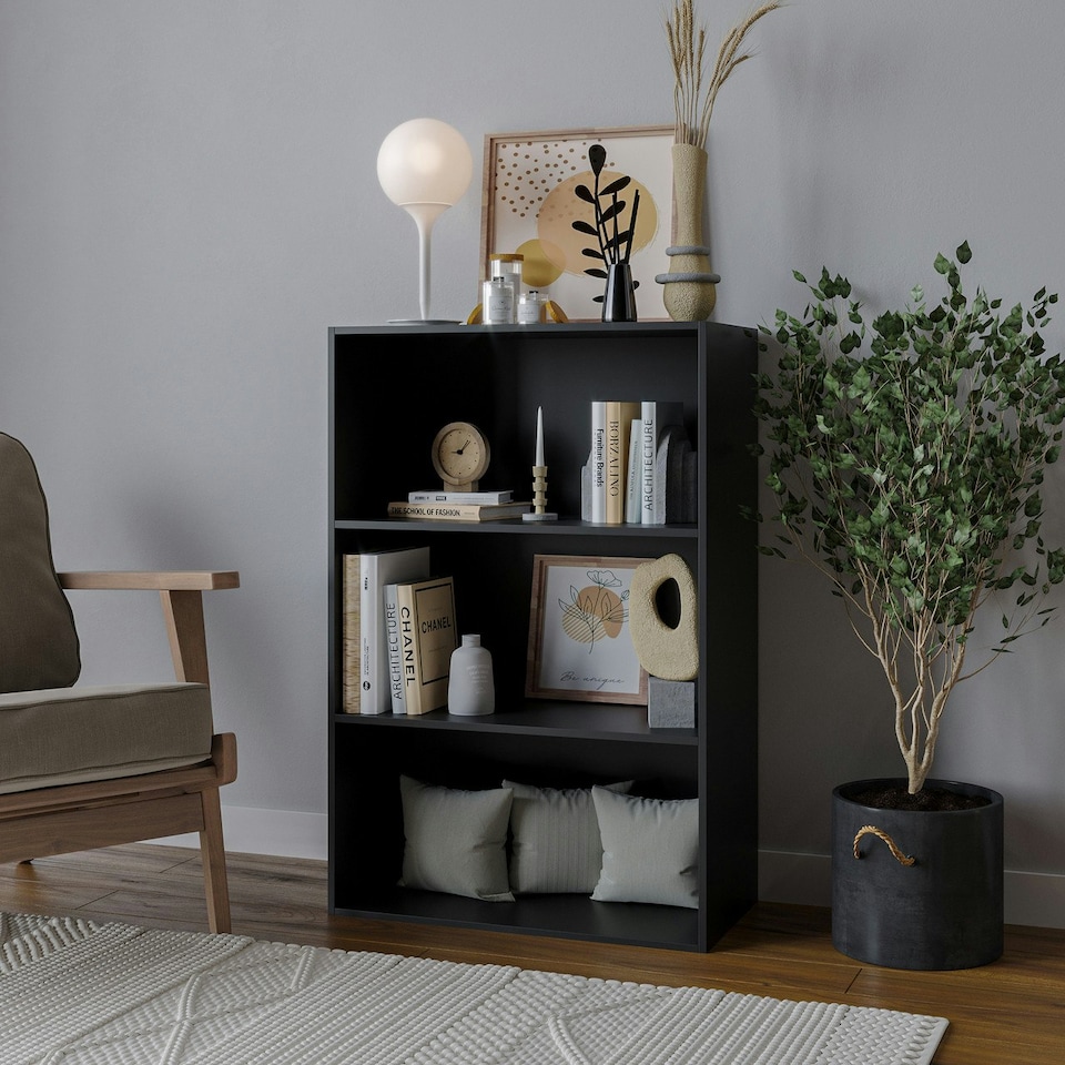image 1 of 3-Tier Bookcase Shelving Storage Unit- 90x60x29cm Black | Unit Colour: Black