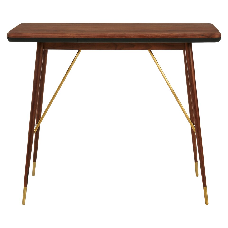 image 1 of Interiors by Premier Walnut Wood Console Table with Leather Trim, Modern Retro Entryway Table with Brass Accents, Console Table Gold