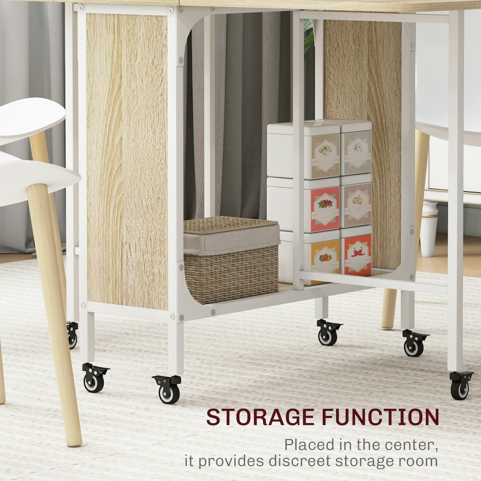 image 1 of HOMCOM Mobile Drop Leaf Dining Table on Wheels with Storage Shelf Natural