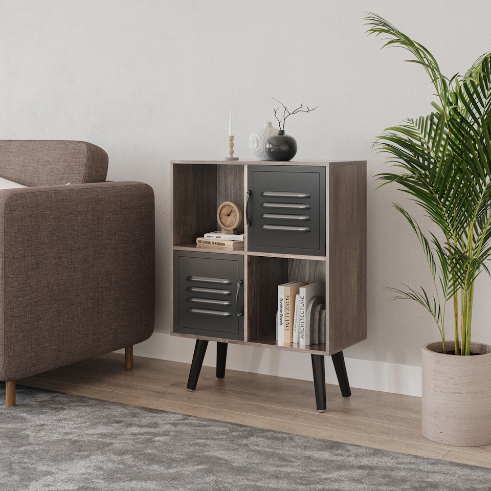 image 1 of Anthracite Oak 4-Cube Storage Unit with 2 Metal Doors and Legs | Black | Black & Black | 1