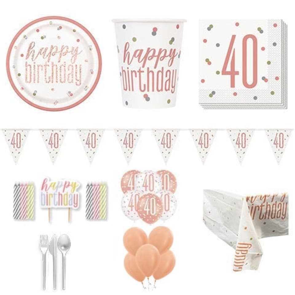 Rose Gold Glitz 40th Birthday 16 Person Deluxe Party Pack
