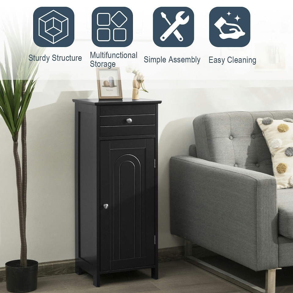 image 1 of COSTWAY Bathroom Storage Cabinet Wooden Cupboard Black Black