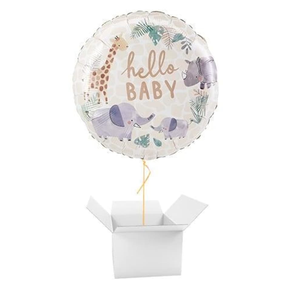 Soft Jungle Hello Baby Arrival Neutral Round Foil Helium Balloon - Inflated Balloon in a Box