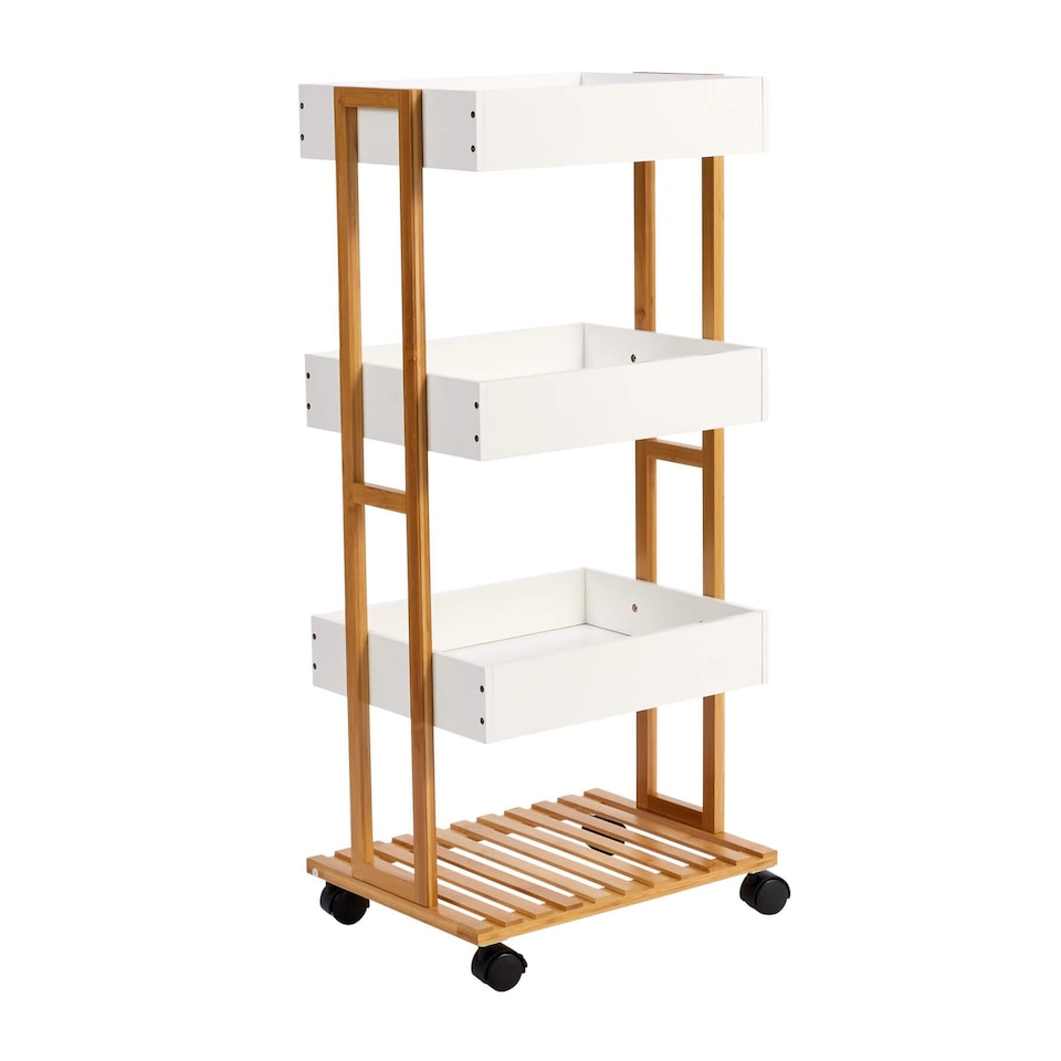 image 1 of Bamboo Storage Trolley White 4 Tier with Wheels Kitchen Bathroom Organiser Unit
