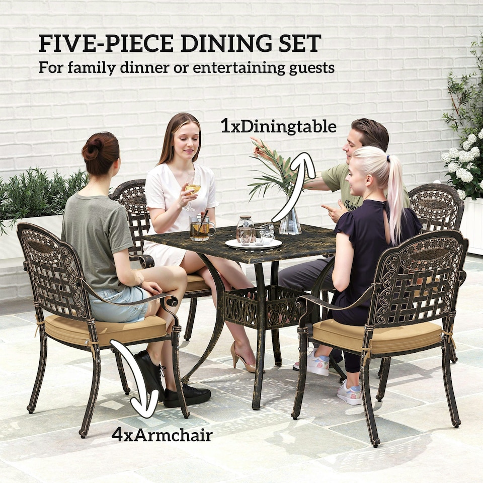 image 1 of Outsunny 5 Pieces Cast Aluminium Garden Dining Set with Parasol Hole, Bronze