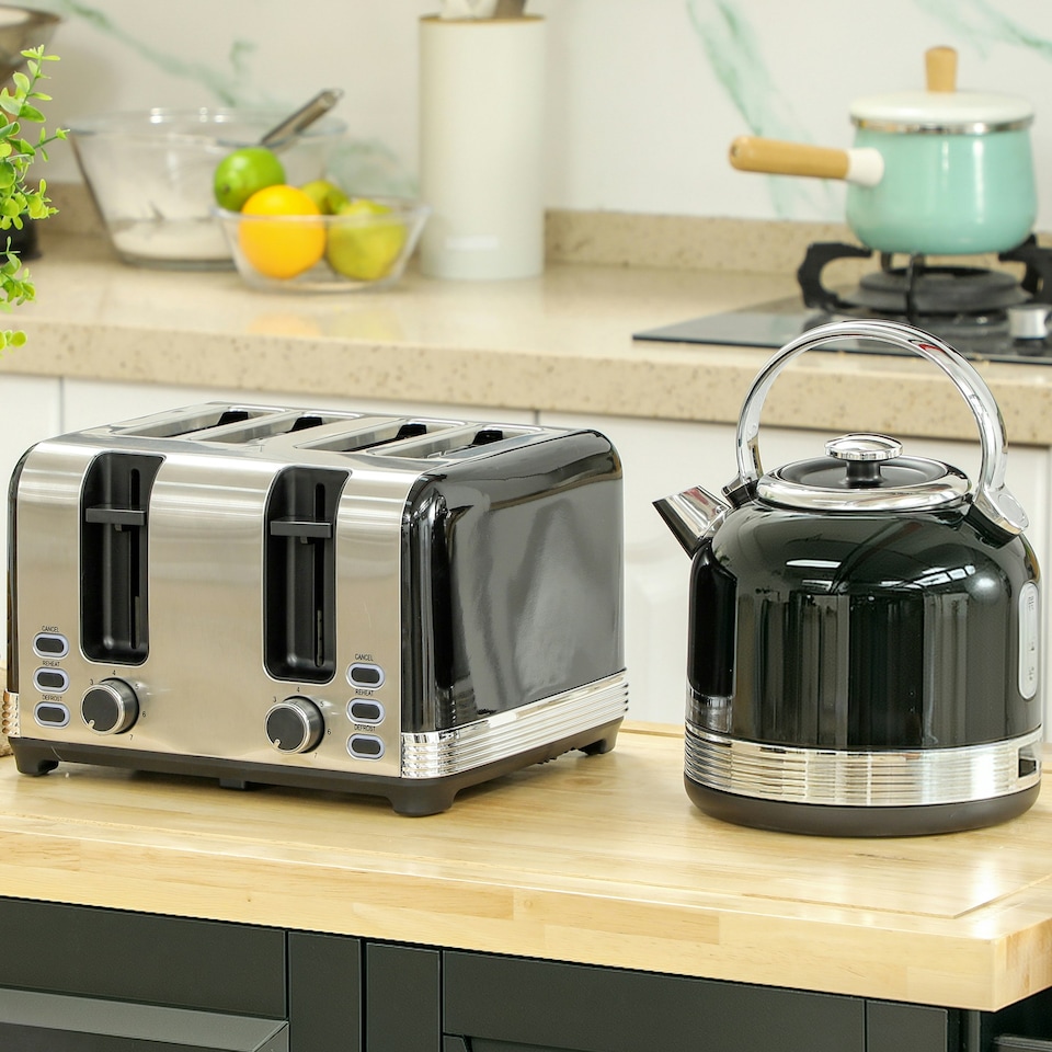 image 1 of HOMCOM 1.7L 3000W Fast Boil Electric Kettle and 4 Slice Toaster Set, Black