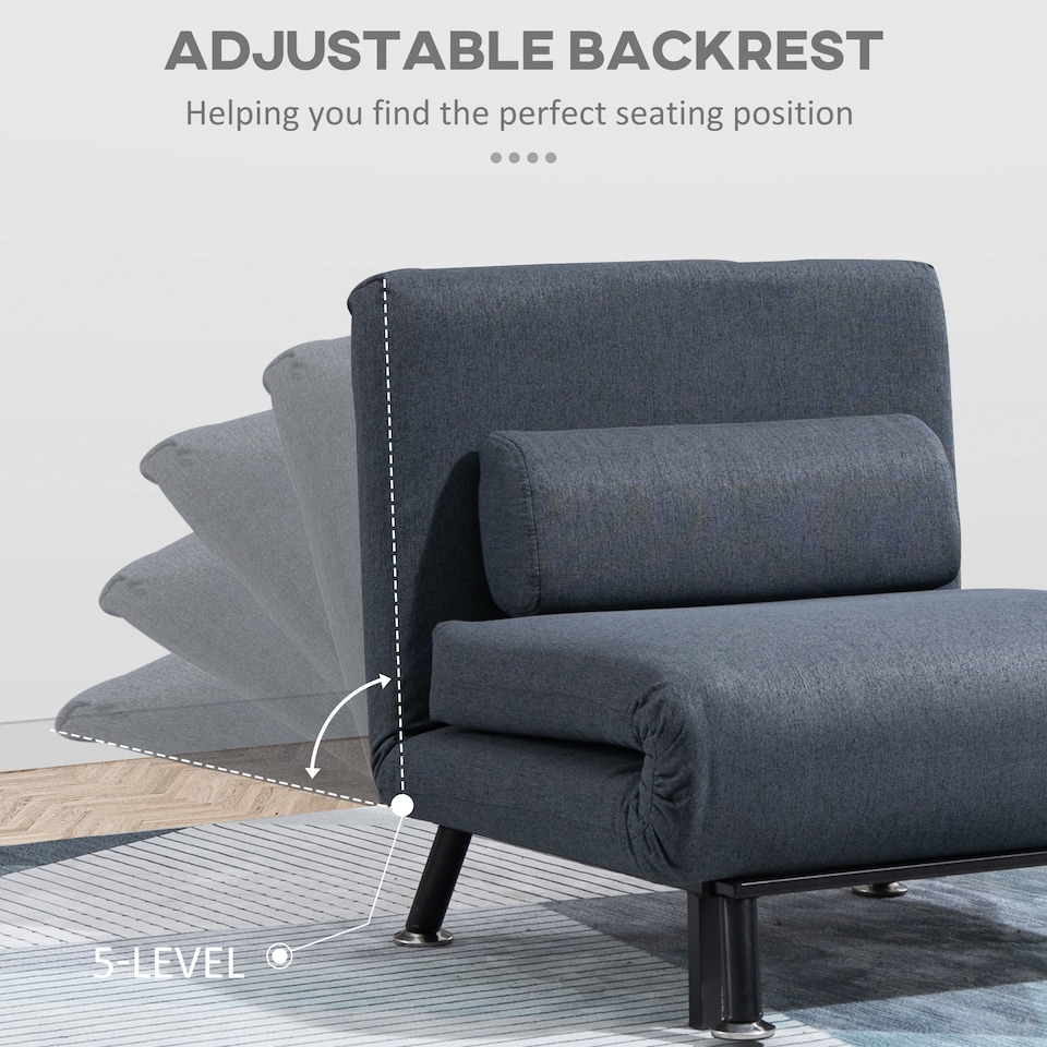 image 1 of HOMCOM Folding 5 Position Convertible Sleeper Chair Sofa Bed Dark Grey