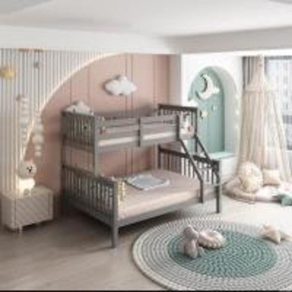 image 1 of Grey Bunkbed with 2 Mattresses 3ft Single & 4ft6 Double Trio Bunkbed, Wooden Children Bedroom Furniture
