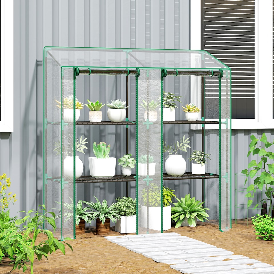 image 1 of Outsunny Mini Green House with 3 Tier Shelves, 151H x 143W x 46Dcm, Clear