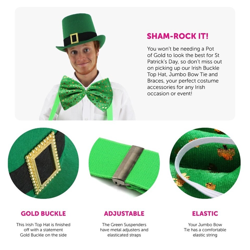 image 1 of Pack of 6 Irish Buckle Hat, Bow Tie + Braces Green | One Size