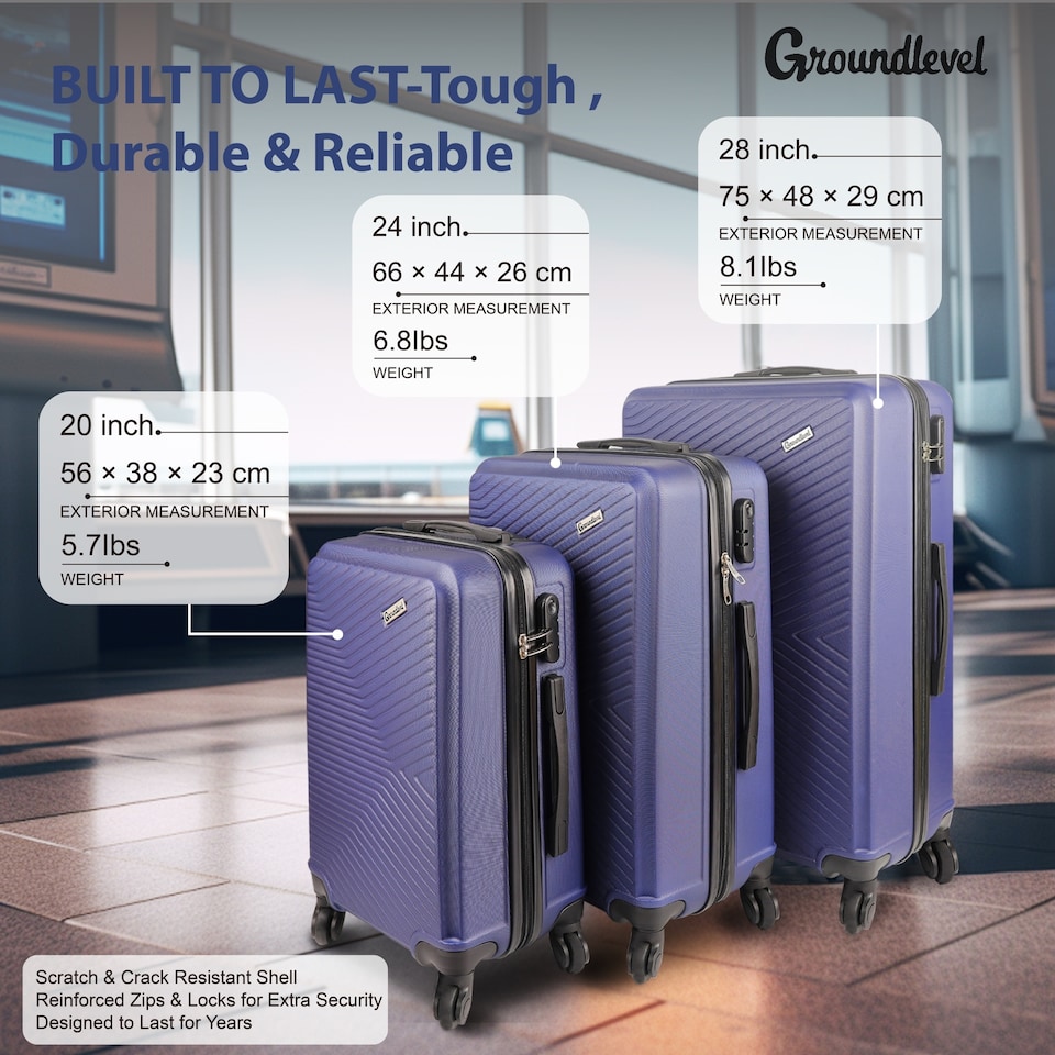 image 1 of Groundlevel Hard Shell 3 Piece Luggage Set 4 Wheel Spinners Travel Suitcases | Blue