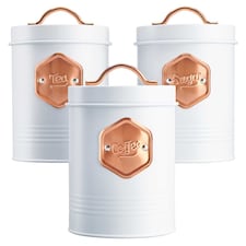 Cooks Professional 3 Piece Kitchen Storage Set – Tea, Coffee & Sugar Cannisters | White | White & Copper
