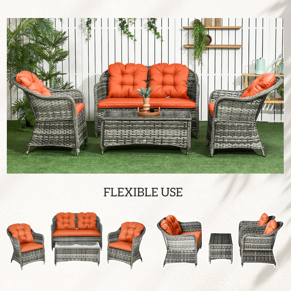 image 1 of Outsunny 4 Pieces Outdoor PE Rattan Garden Furniture with Cushions, Patio Special Hand Weave Wicker Conservatory Sofa Set with Glass Top Coffee Table, Orange | Orange | Four Seater