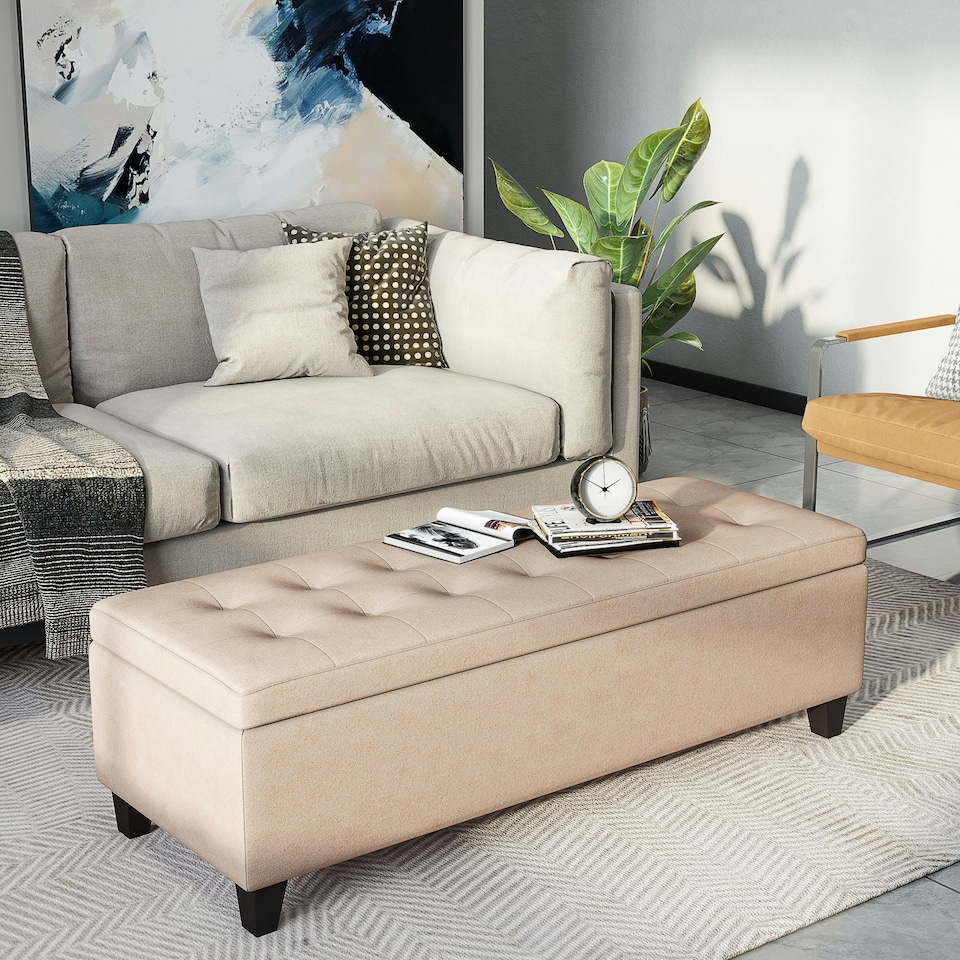 image 1 of HOMCOM Storage Ottoman Bench Padded w/ Tufting Hinged Lid Wood Frame Beige