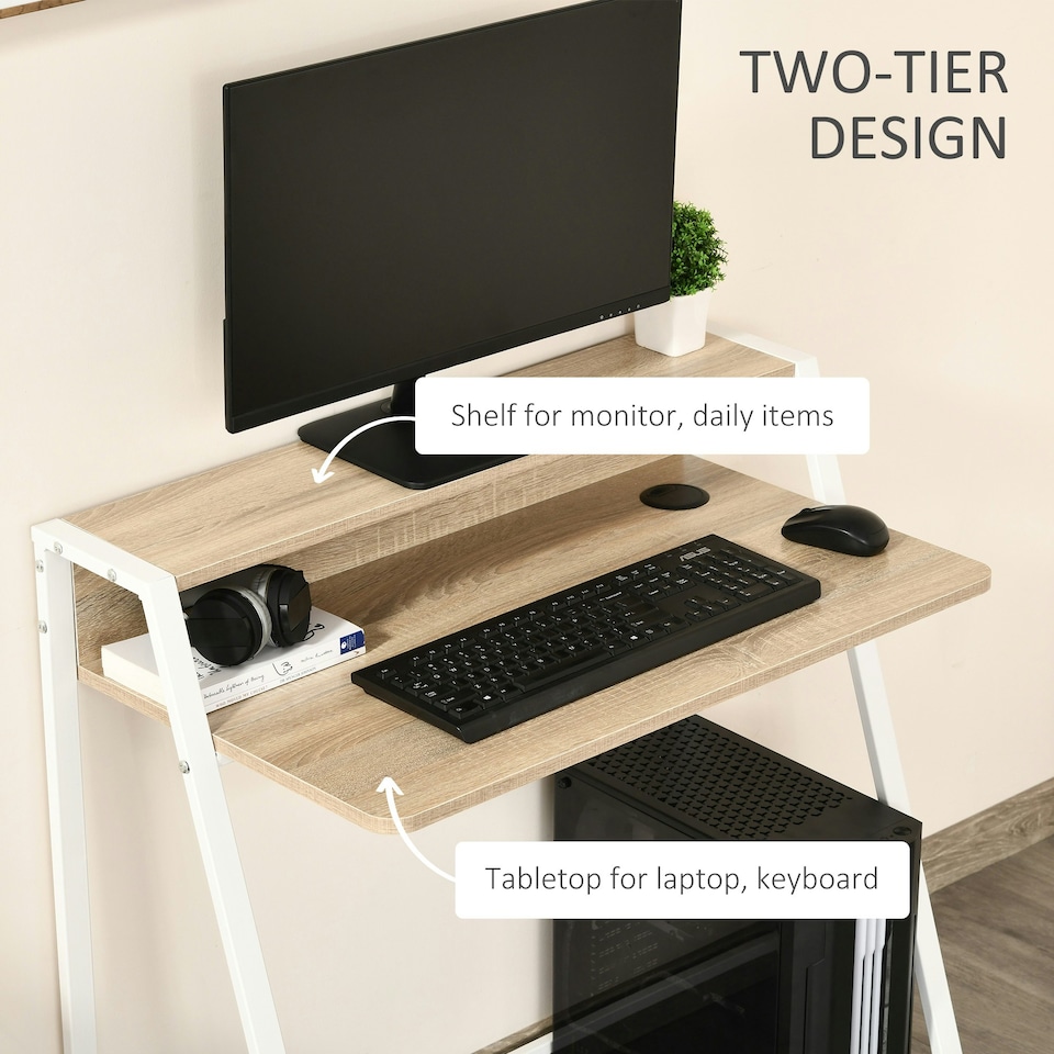 image 1 of HOMCOM 2-Tier Storage Computer Workstation with Shelf, Metal Frame White