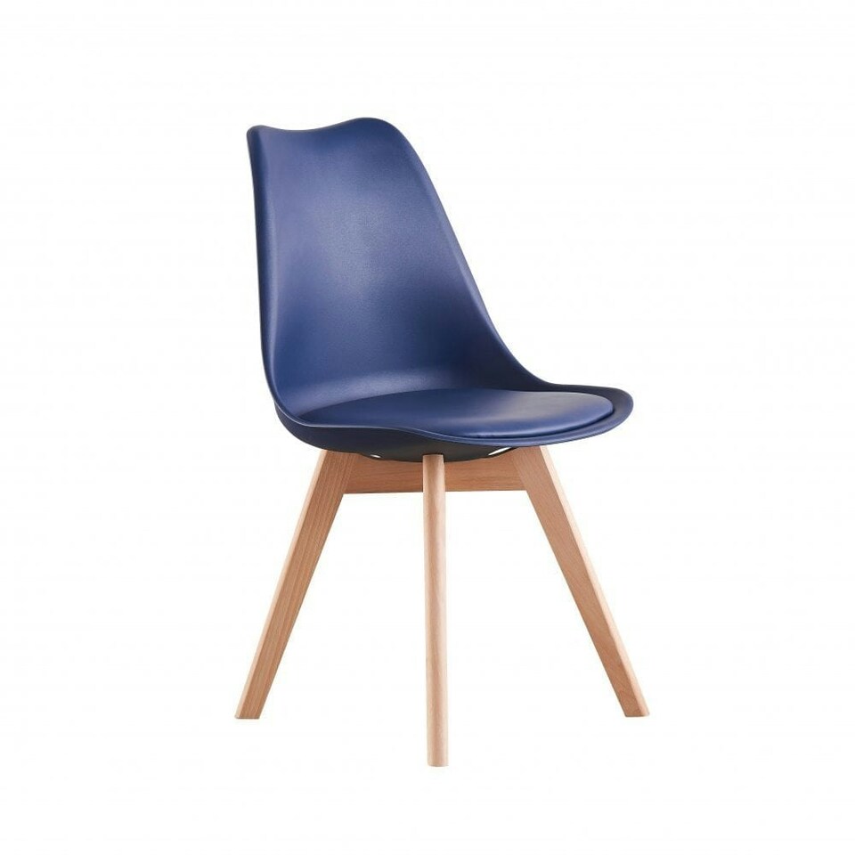 image 1 of Single Scandinavian Dining Chair with Leather Cushions Solid Wood Legs Blue