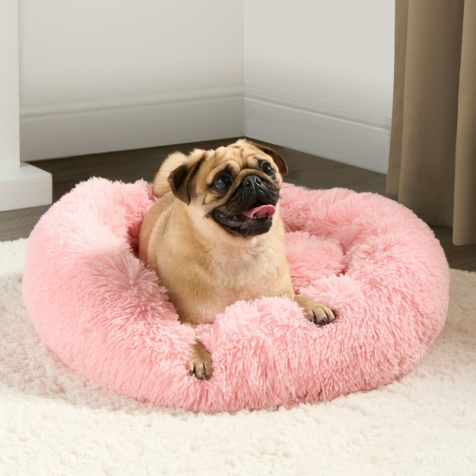 image 1 of OHS Round Fluffy Calming Pet Dog Plush Cushion Bed, Medium - Blush Pink