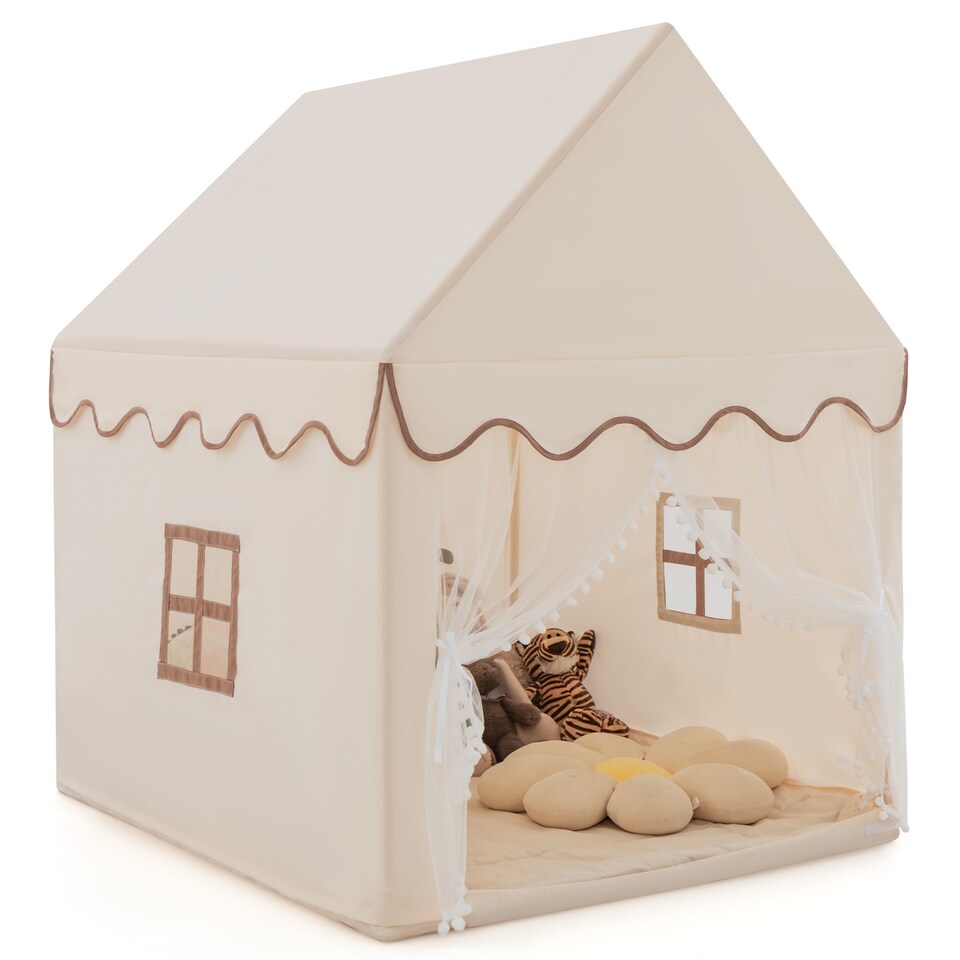 image 1 of COSTWAY Kids Play Tent Indoor Playhouse with Padded Mat-Beige