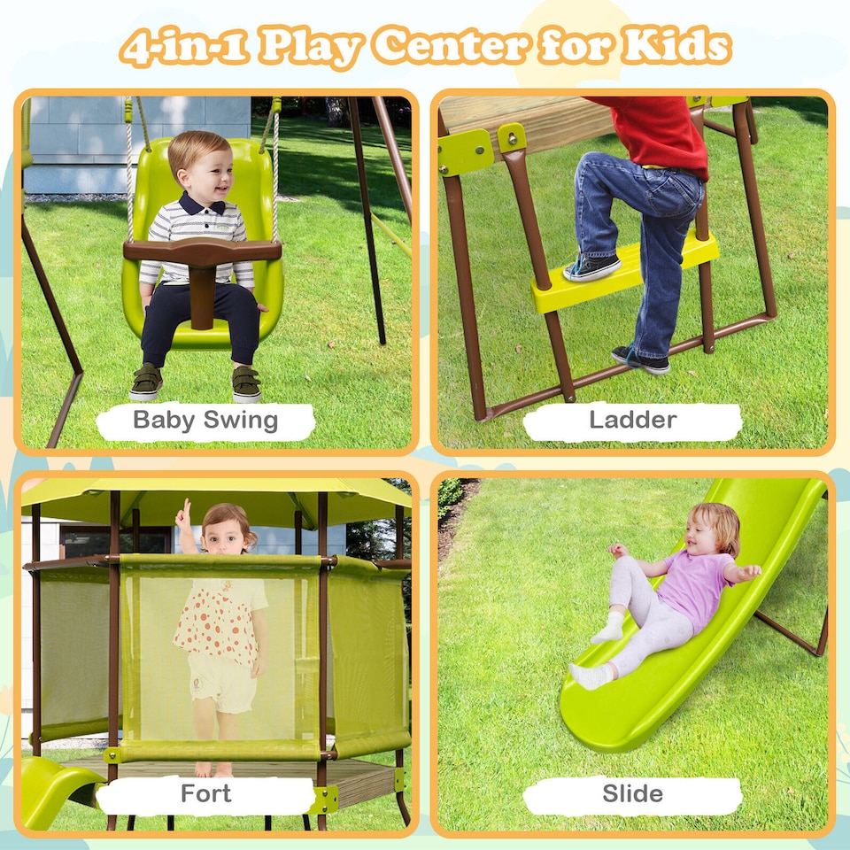 image 1 of COSTWAY 4-in-1 Toddlers Swing Set Outdoor Metal Playset Kids Backyard Playground