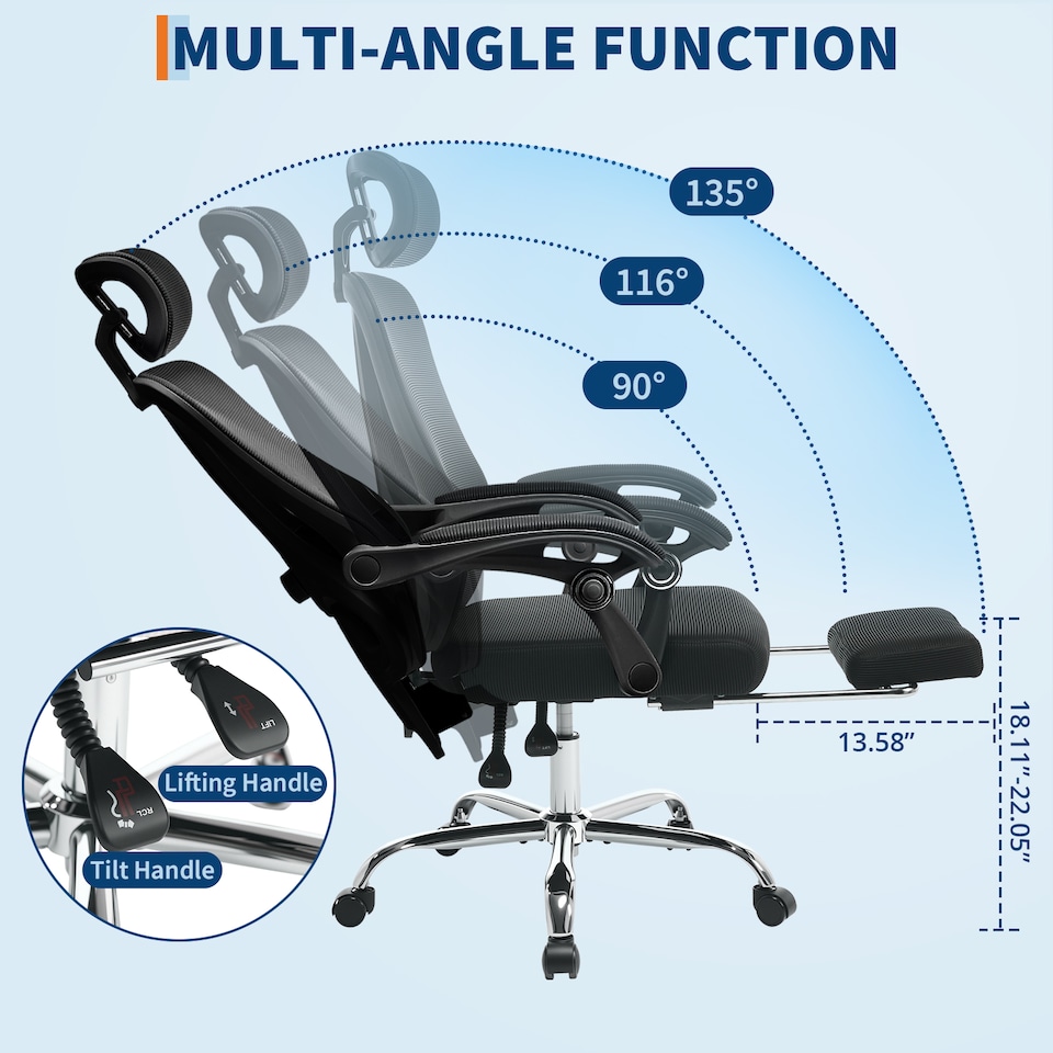image 1 of Mesh Office Desk Chair with Adjustable Headrest Lumbar Support & Retractable Footrest - Beige, Cushion Included