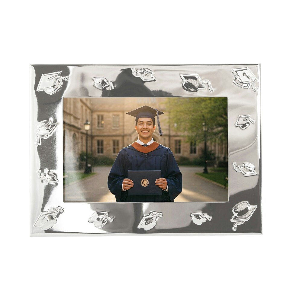 image 1 of Graduation Metal 4x6 Picture Frame in Nickel Plated with 3D Hat Icons Silver | One Size