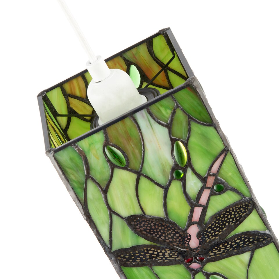 image 1 of Green Stained Glass Dragonfly Rectangular Tiffany Pendant Light Shade | Green