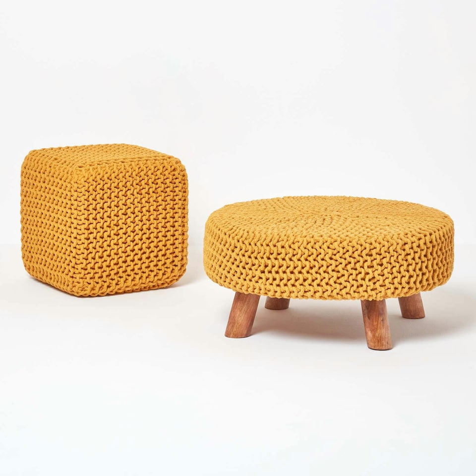 image 1 of Homescapes Mustard Large Round Cotton Knitted Footstool on Legs | Yellow | 62 x 62 x 30 cm