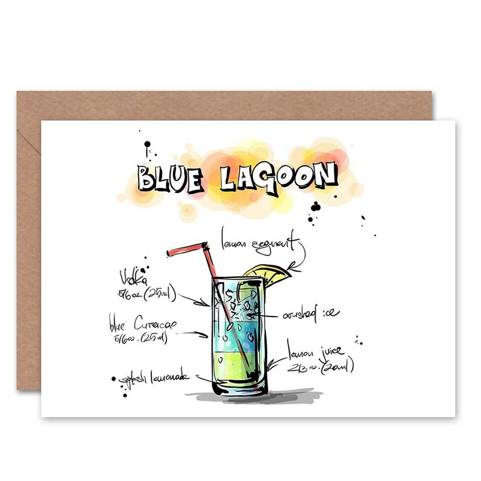 image 1 of Blue Lagoon Cocktail Drink Recipe Drawing Birthday Card