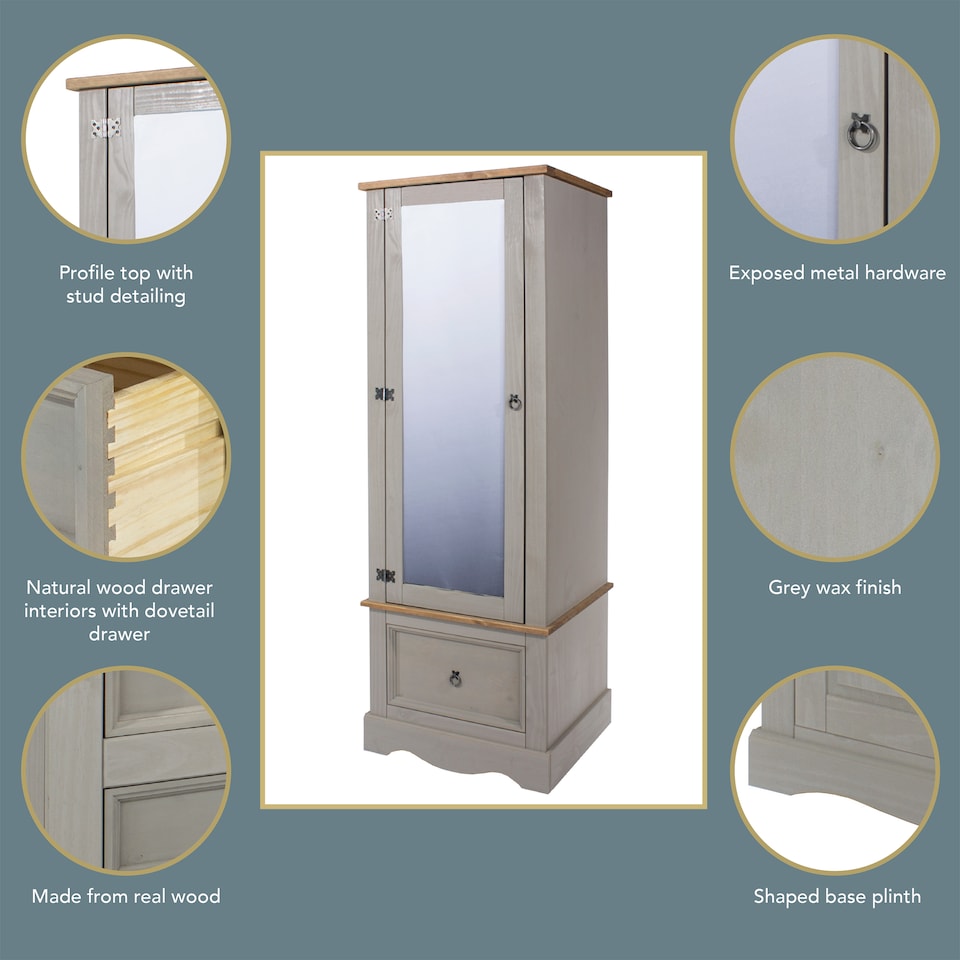image 1 of Corona Armoire with Mirrored Door and Drawer - Solid Wood Wardrobe with Hanging Rail and Storage | Grey | Grey | One Size | 1