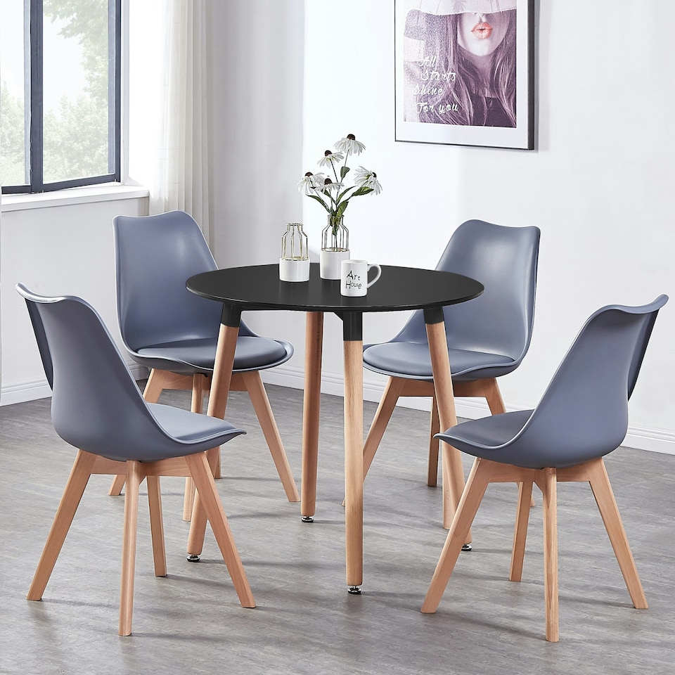 image 1 of 5PCs Dining Set - a Black Round Dining Table & Set of 4 White Lorenzo Tulip chairs with Padded Seat | Grey