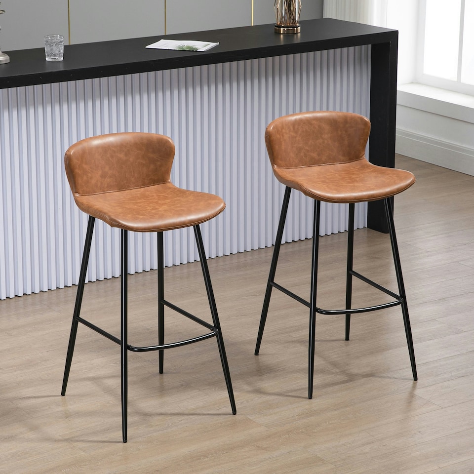 image 1 of HOMCOM Bar Stools Set of 2, PU Leather Bar Chairs with Back and Steel Legs