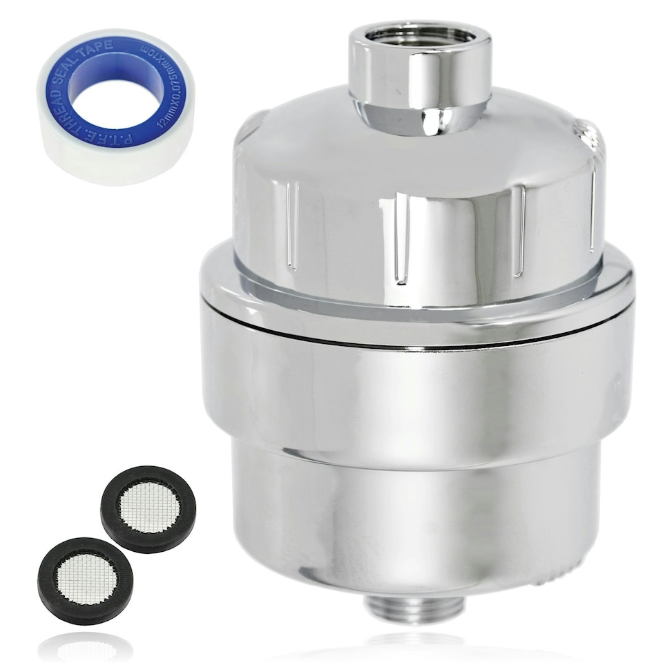 image 1 of SPARES2GO Universal Shower Head 15 Stage Filter Hard Water Purifier Softener (Chrome Effect) Silver