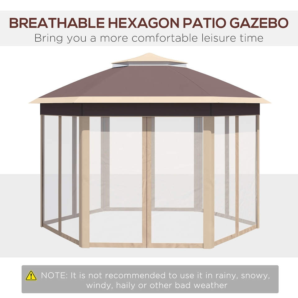 image 1 of Outsunny 3x4m Hexagon Gazebo w/ Mesh Curtains Outdoor Garden, Khaki