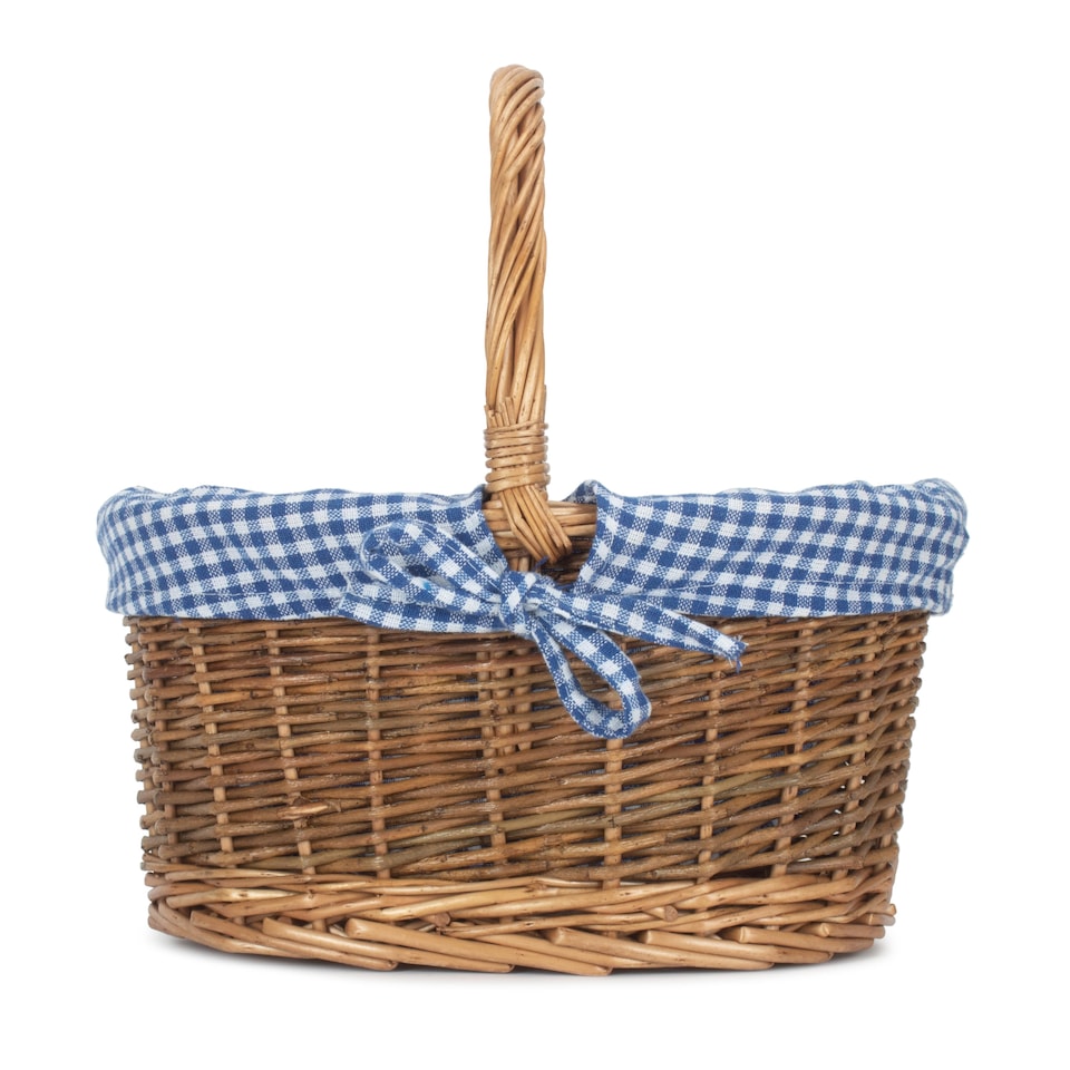 image 1 of Small Blue Checked Lined Country Oval Wicker Shopping Basket | Blue | Blue