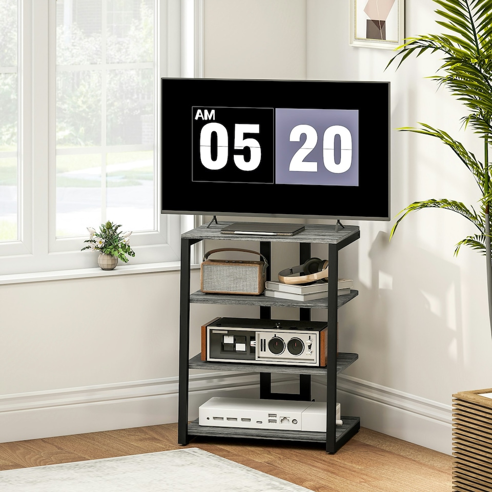 image 1 of HOMCOM HiFi Stand, 4-Tier Media Storage Shelf with Adjustable Shelves, Power Strip Rack for Router, Record Player, Printer, Industrial TV Stand for up to 28 Inch TVs, Rustic Brown | Brown | 1