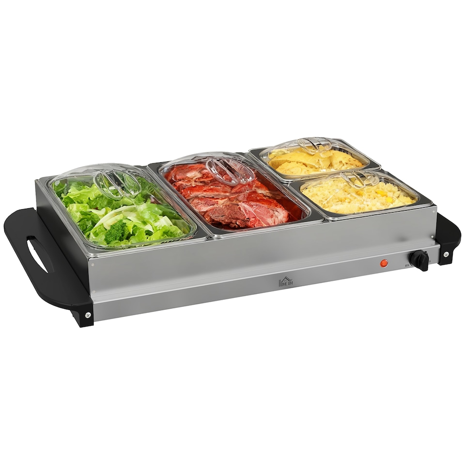 image 1 of HOMCOM 4 Tray Electric Food Warmer Buffet Server with Warming Plate, Cool Touch Handles, Adjustable Temperature, 300W, 2 x 2.4L and 2 x 1L Pans