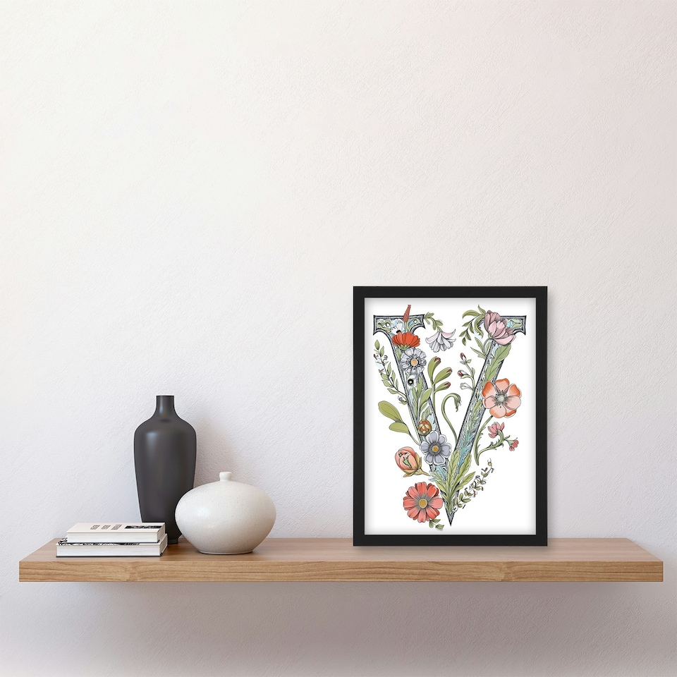 image 1 of Letter V Wildflowers Elegant Birthday Gift Mum Black Framed Wall Art Print A4