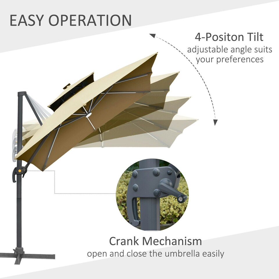 image 1 of Outsunny 3m Cantilever Parasol LED Patio Umbrella for Lawn Beach Poolside Khaki